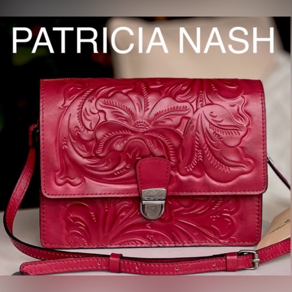PATRICIA NASH LOCRI LEATHER BAG IN RED COLOR WITH TOOLED FLOWER PATTERN
